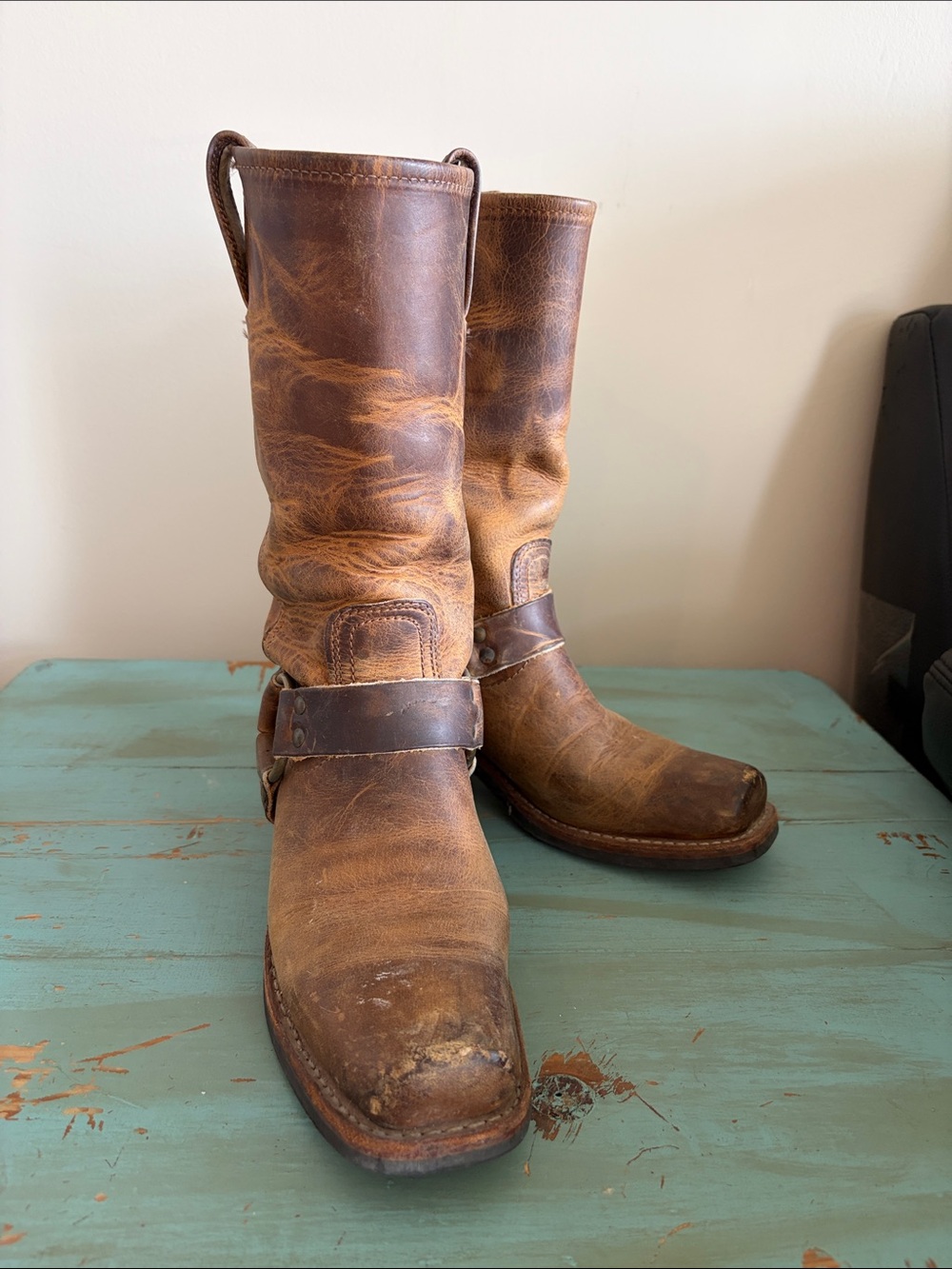 Frye Distressed Brown Leather Heeled Harness Boots